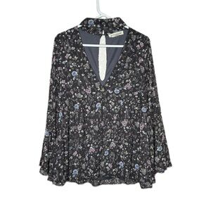 By Together Top Women Large Brown Floral V Neck Bell Sleeves Blouse Bohemian